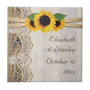 Lace and sunflowers on wood wedding tile