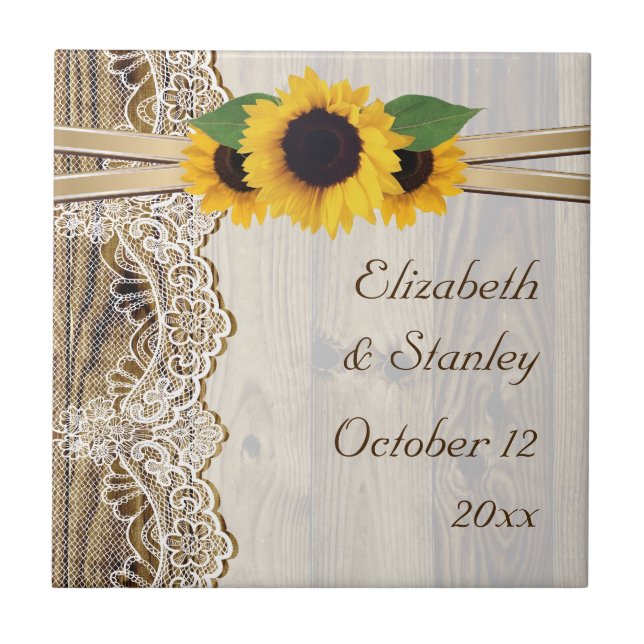 Lace and sunflowers on wood wedding tile (Front)