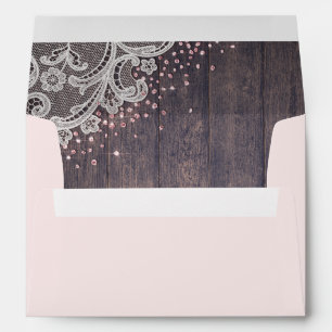 Lace and wood blush glitter liner rustic wedding envelope