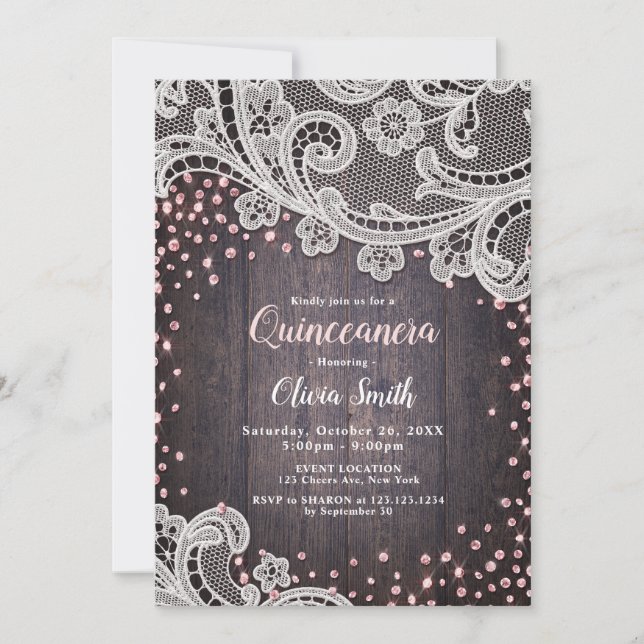 Lace and wood blush glitter rustic Quinceanera Invitation (Front)
