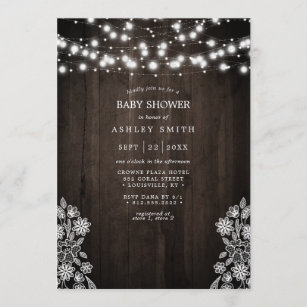 Lace And Wood String Lights Rustic Baby Shower Invitation