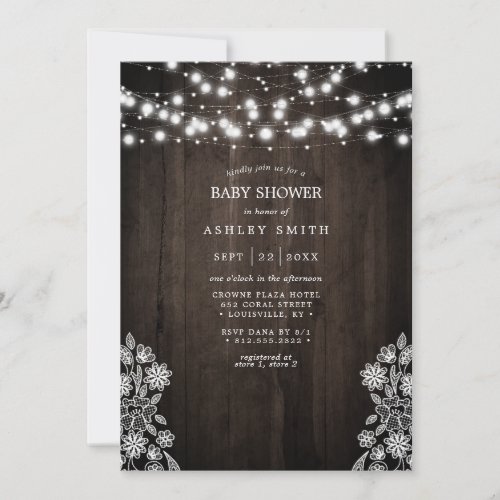 Lace And Wood String Lights Rustic Baby Shower Invitation