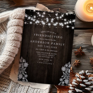 Lace And Wood String Lights Rustic Friendsgiving Invitation