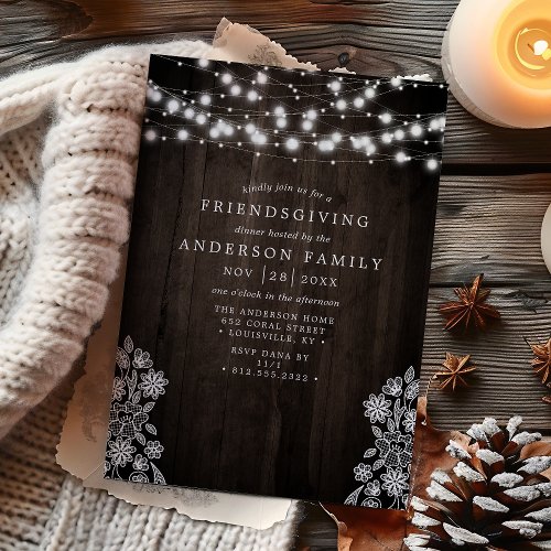 Lace And Wood String Lights Rustic Friendsgiving Invitation