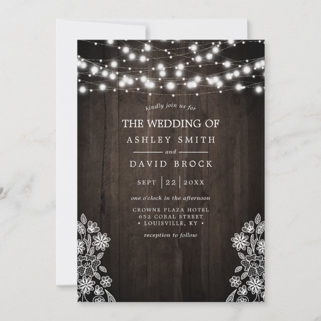 Lace And Wood String Lights Rustic Wedding Invitation (Front)