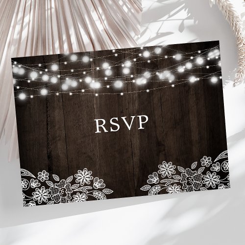 Lace And Wood String Lights Rustic Wedding Rsvp Postcard