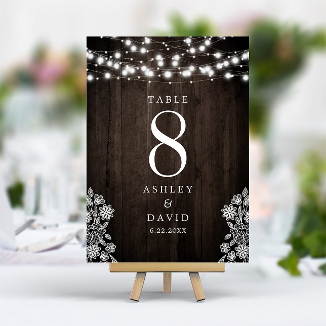 Lace And Wood String Lights Rustic Wedding Table Number (Creator Uploaded)