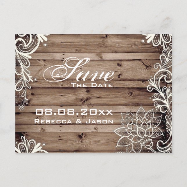 lace barn wood country wedding save the date announcement postcard (Front)