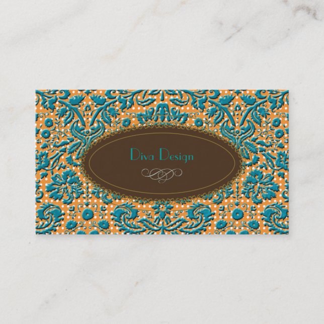Lace, baroque damask /teal/chestnut brown business card (Front)