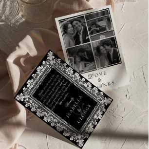 Lace Black and white Wedding Photo Collage Thank You Card