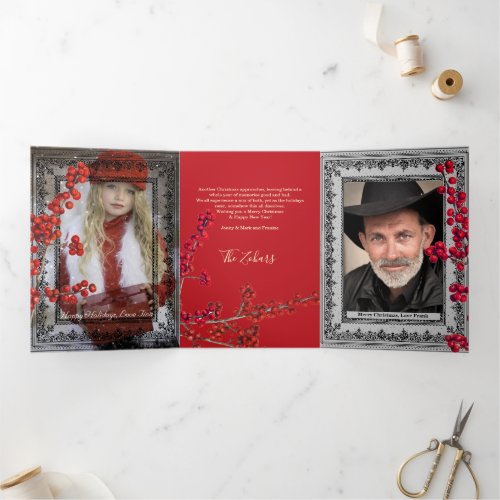 Lace Black Borders Red Personalized White Script Tri_Fold Holiday Card
