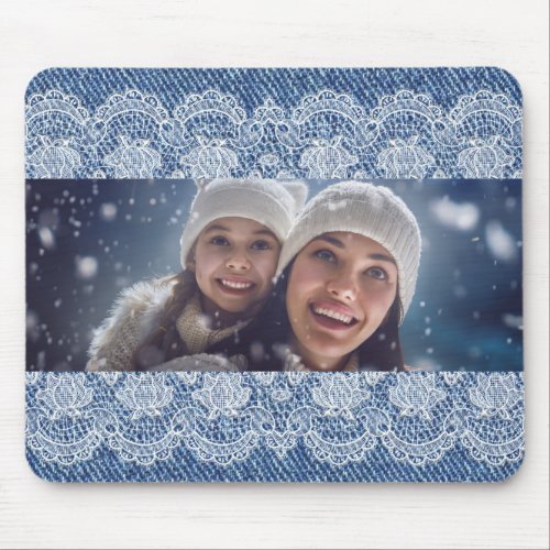 Lace blue denim family photo mouse pad