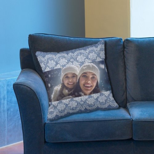 Lace blue denim family photo throw pillow