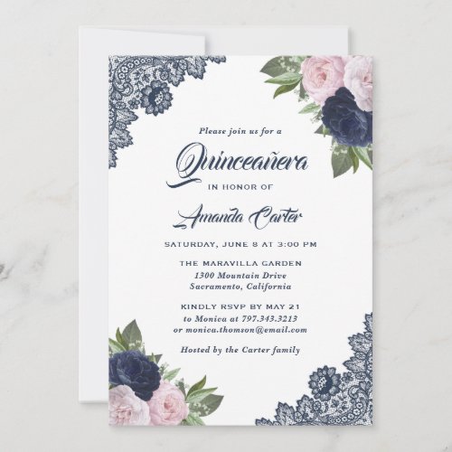 Lace Blue Pink Floral Quinceaera Invitations