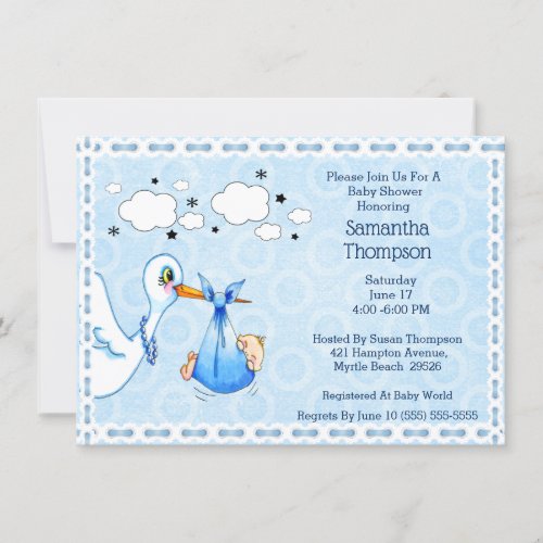 Lace Blue Stork Baby Boy Shower Invitation