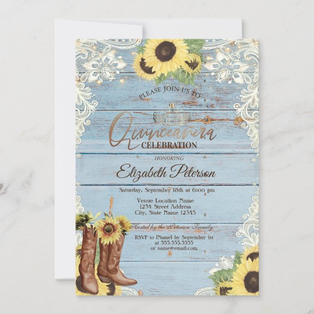 Lace,Boots Sunflowers Blue Wood Quinceañera  Invitation (Front)