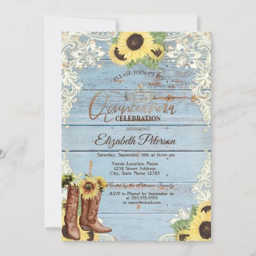 LaceBoots Sunflowers Blue Wood Quinceaera  Invitation