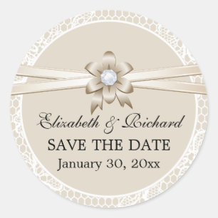 Lace border, beige ribbon wedding Save the Date Classic Round Sticker