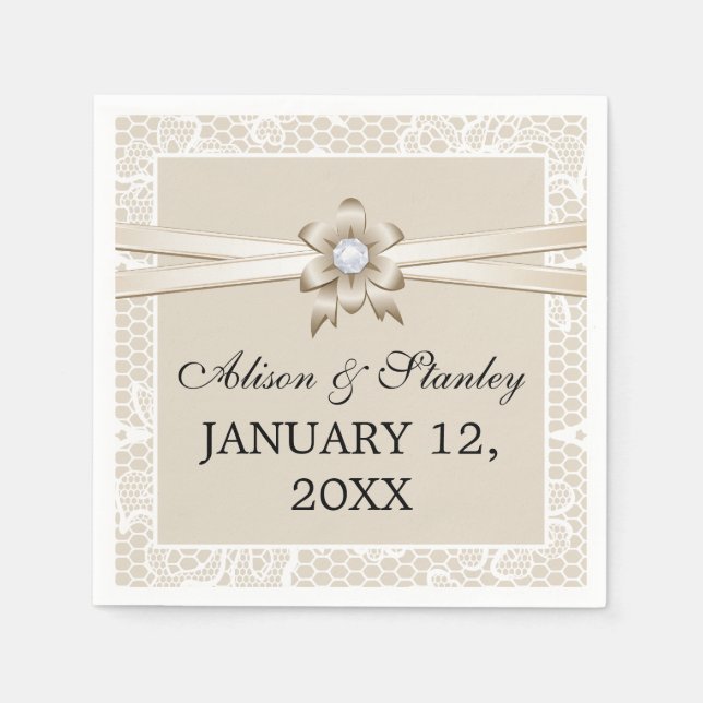 Lace border with beige ribbon & flower wedding napkins (Front)