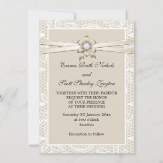 Lace border with beige ribbon wedding invitation