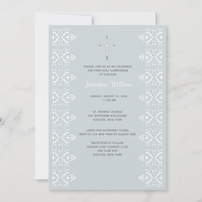 Lace Borders Blue Religious Invitation (Front)