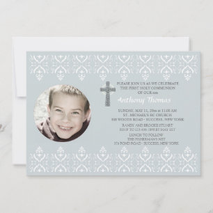 Lace Borders Blue Religious Photo Invitation