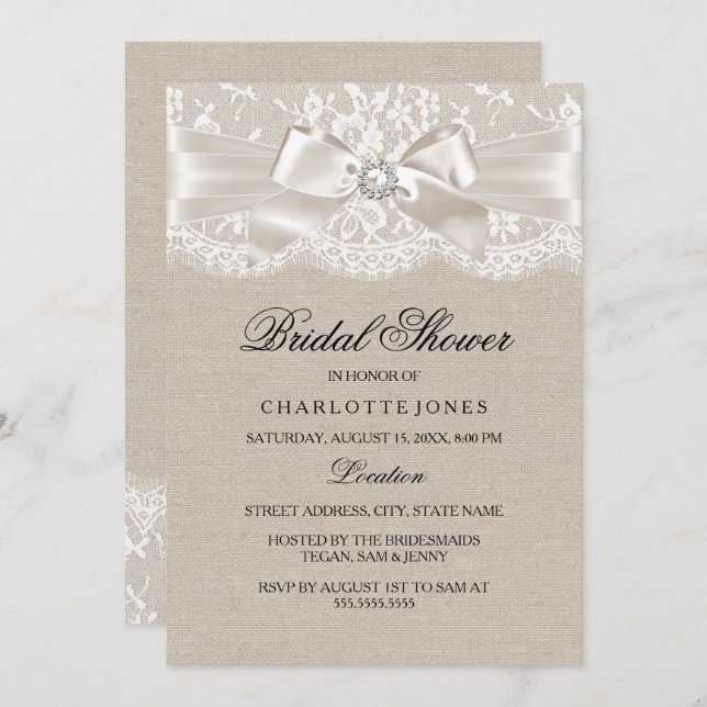 Lace Bow & Burlap Vintage Bridal Shower Invite (Front/Back)