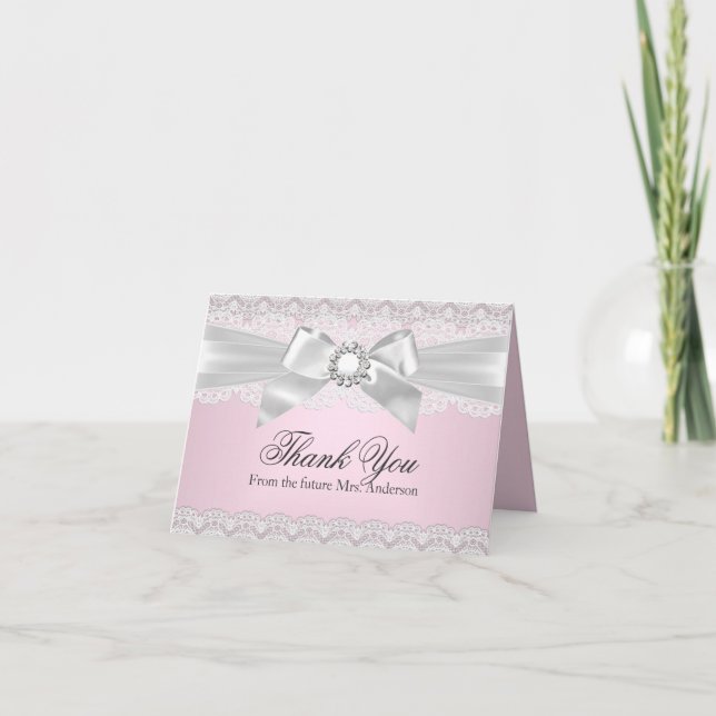 Lace & Bow Pink Bridal Shower Thank You Card (Front)