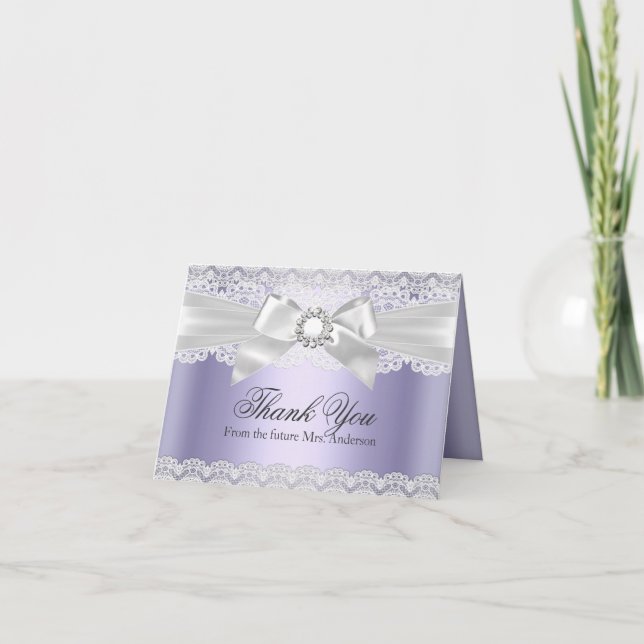 Lace & Bow Purple Bridal Shower Thank You Card (Front)