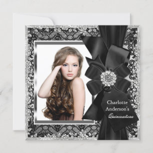 Lace & Bow Silver Black Quinceanera Party Invite