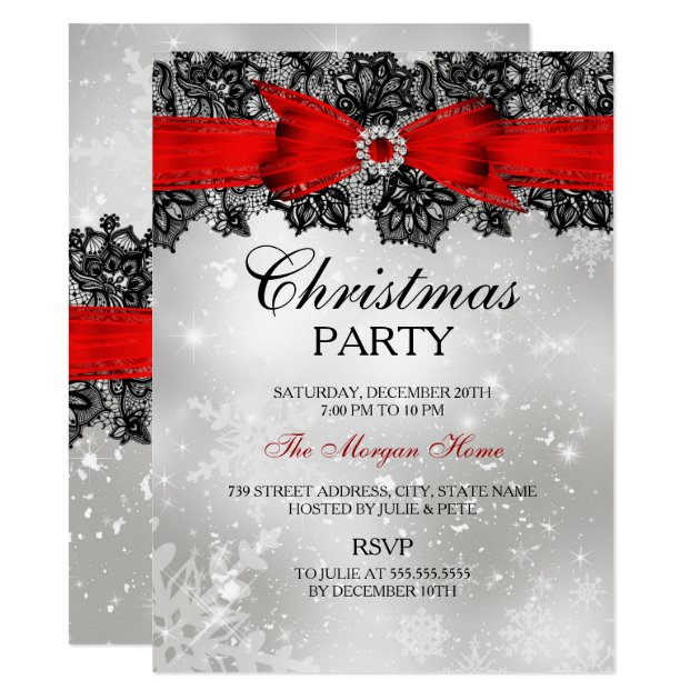 Lace Bow Silver Red Christmas Holiday Invite