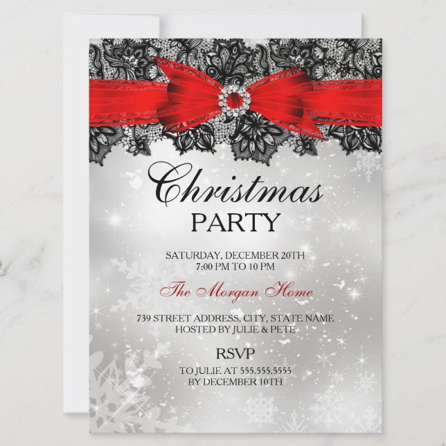 Lace Bow Silver Red Christmas Holiday Invite (Front)