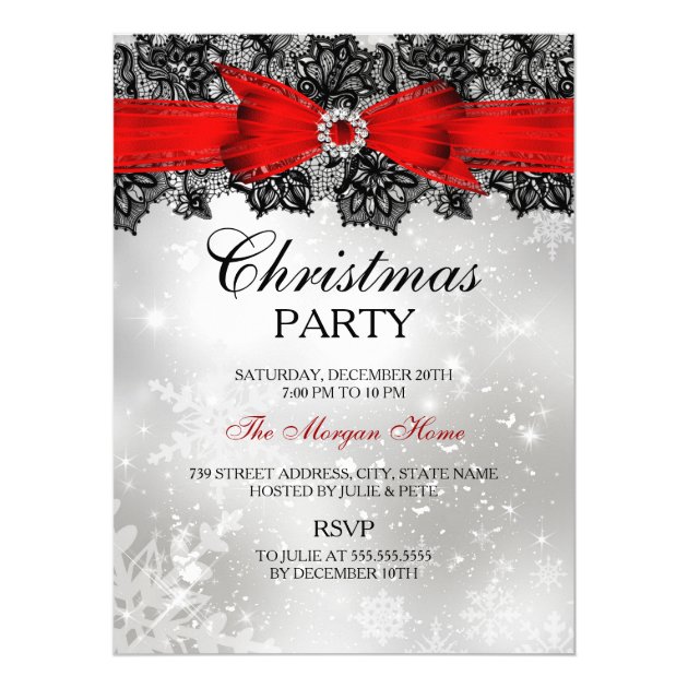 Lace Bow Silver Red Christmas Holiday Invite