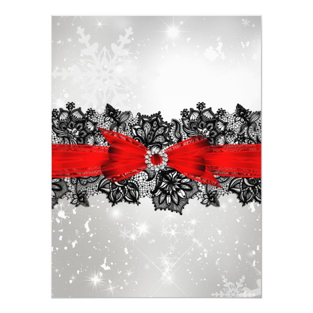 Lace Bow Silver Red Christmas Holiday Invite