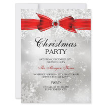 Lace & Bow Silver Red Christmas Holiday Invite