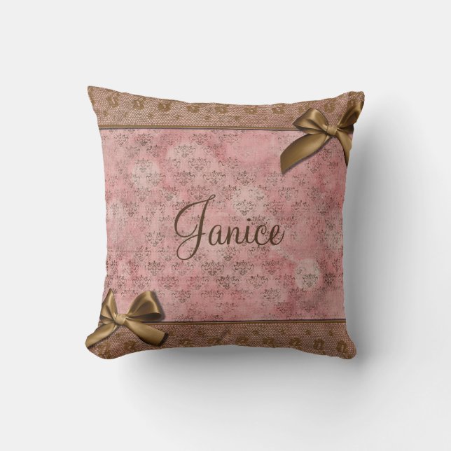 Lace & Bows with Name Throw Pillow (Front)