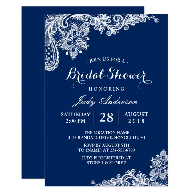 Lace Bridal Shower Trendy Navy Blue Invitation