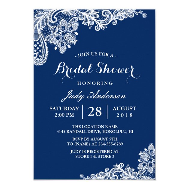 Lace Bridal Shower Trendy Navy Blue Invitation
