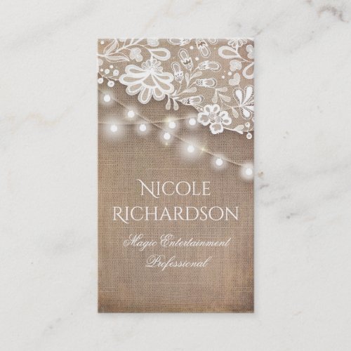 Lace Burlap and String Lights Rustic Country Business Card