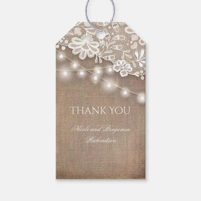 Lace Burlap and String Lights Rustic Wedding Gift Tags | Zazzle