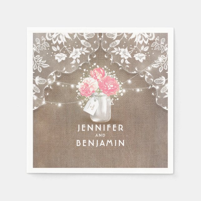 Lace Burlap Floral Mason Jar Rustic Wedding Paper Napkins (Front)