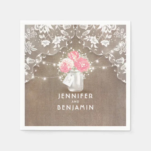 Lace Burlap Floral Mason Jar Rustic Wedding Paper Napkins | Zazzle