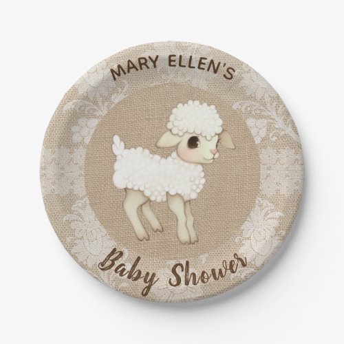 Lace Burlap Little Lamb Baby Shower Paper Plate