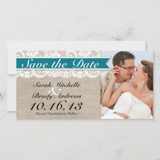 Lace & Burlap Look Save the Date -Turquoise (Front)
