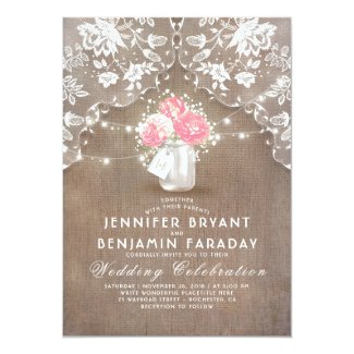 Burlap And Lace Wedding Invitation With Pink Peonies Inside A Mason Jar Burlap And Lace Wedding Invitation With Pink Peonies Inside A Mason Jar