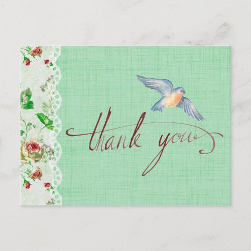 Lace Burlap Vintage Roses and Swallow Thank You Postcard