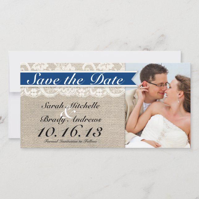 Lace & Burlap Vintage Save the Date - Royal Blue (Front)