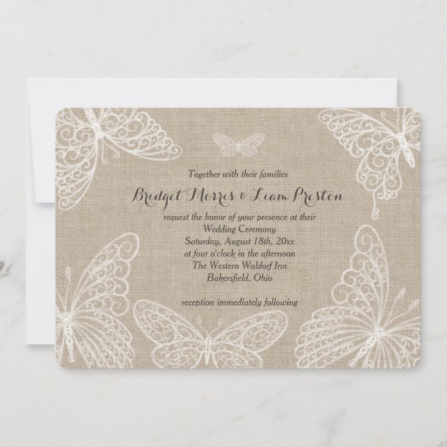 Lace Butterflies on Burlap Wedding Invitation (Front)