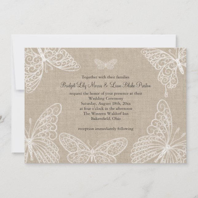 Lace Butterflies on Burlap Wedding Invitation 2 (Front)