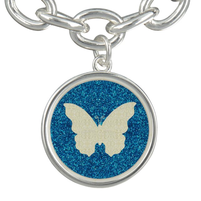 Lace Butterfly On Blue Glitter Charm Bracelet (Design)